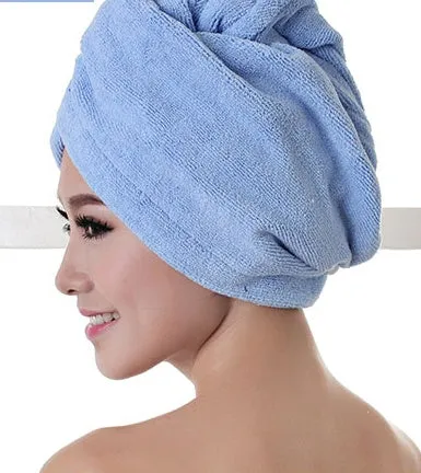 Women's microfiber hair dryer cap in assorted colours showing cap shape and size