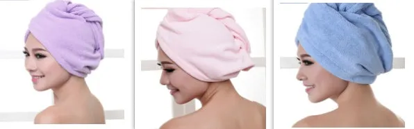 Women's microfiber hair dryer cap in assorted colours showing cap shape and size
