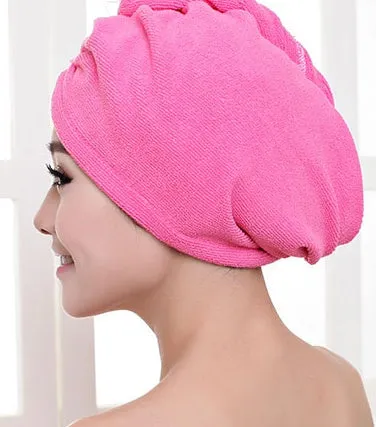 Women's microfiber hair dryer cap in assorted colours showing cap shape and size