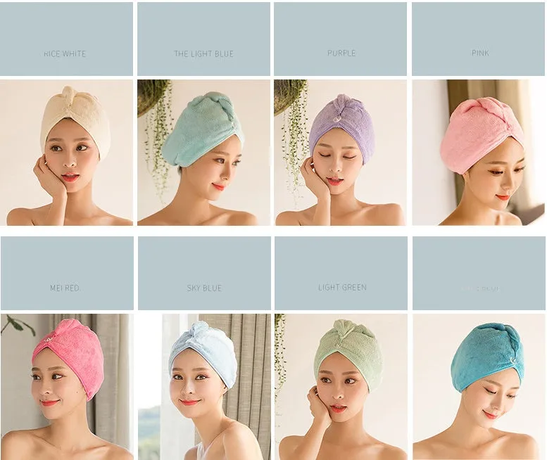 Women's microfiber hair dryer cap in assorted colours showing cap shape and size