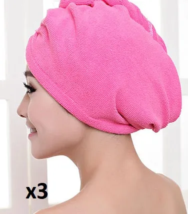 Women's microfiber hair dryer cap in assorted colours showing cap shape and size