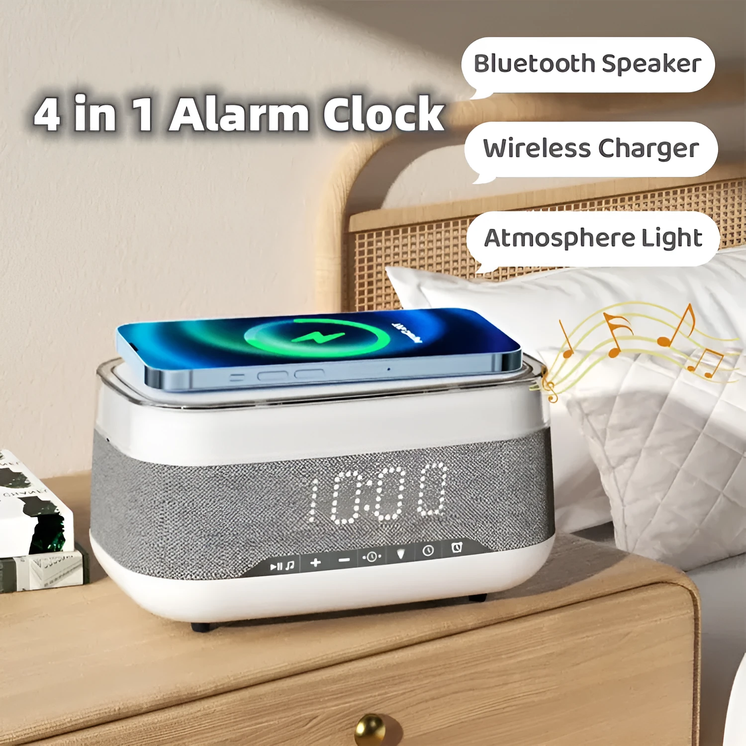 White multifunctional alarm clock with Bluetooth speaker and wireless charging pad on a bedside table.