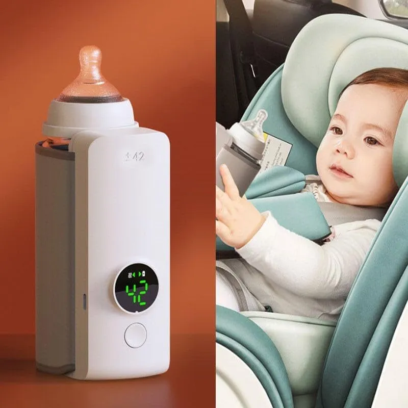 Grey non-woven portable baby bottle warmer with USB charging cable wrapped around a feeding bottle.