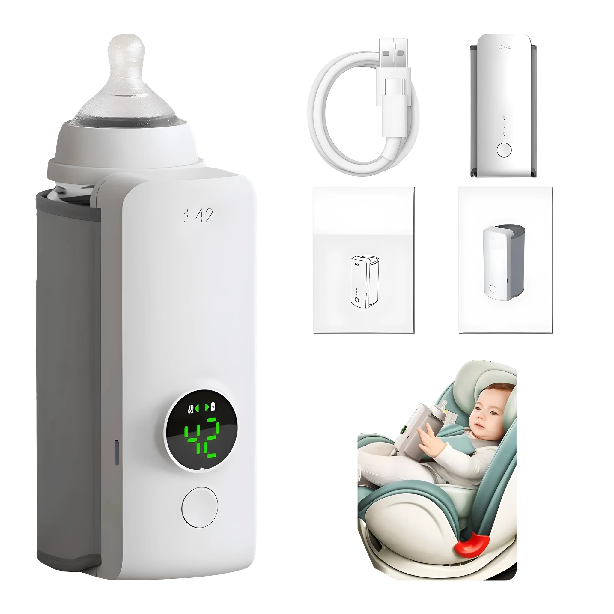 Grey non-woven portable baby bottle warmer with USB charging cable wrapped around a feeding bottle.