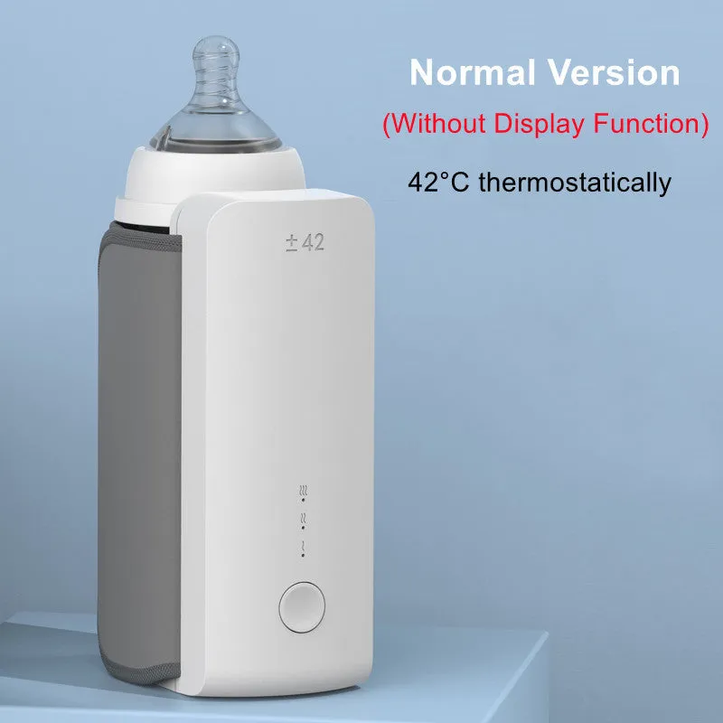 Grey non-woven portable baby bottle warmer with USB charging cable wrapped around a feeding bottle.