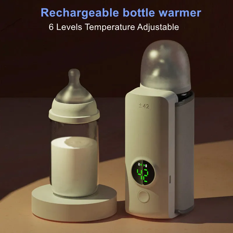 Grey non-woven portable baby bottle warmer with USB charging cable wrapped around a feeding bottle.