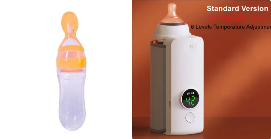 Grey non-woven portable baby bottle warmer with USB charging cable wrapped around a feeding bottle.
