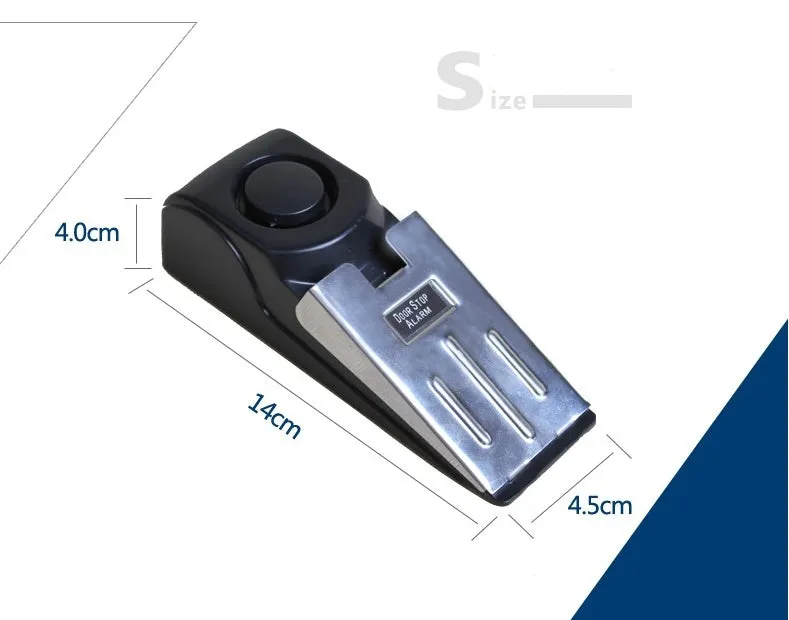 Black portable door stop alarm with wedge shape and stainless steel sensor cover.