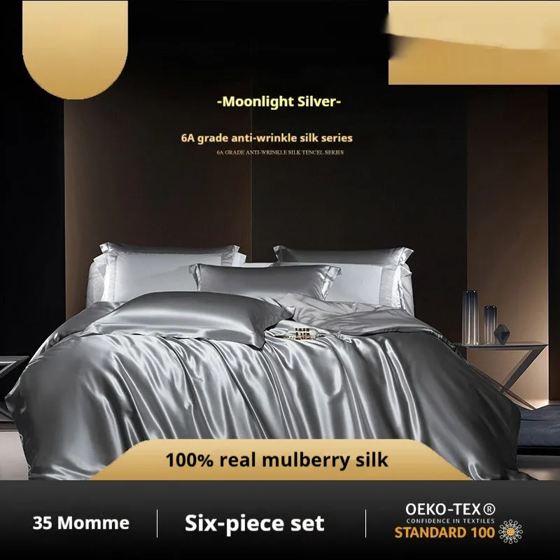 Household Fashion solid colour silk quilt cover and pillowcases on a bed, in a shade of Imperial Blue.