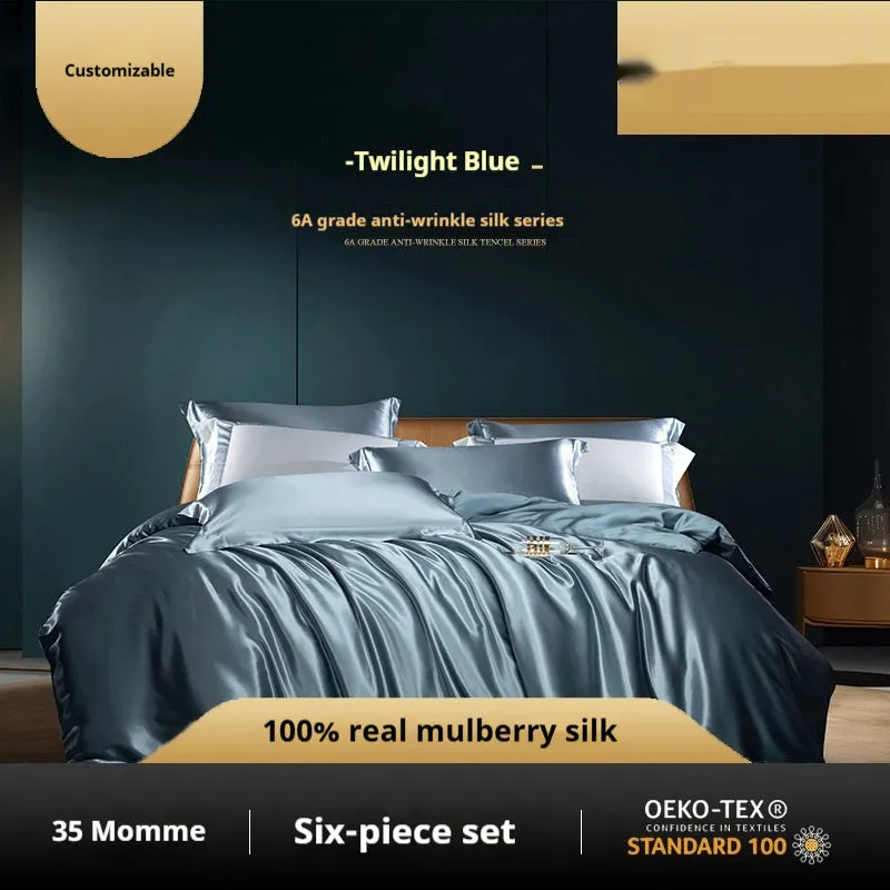 Household Fashion solid colour silk quilt cover and pillowcases on a bed, in a shade of Imperial Blue.