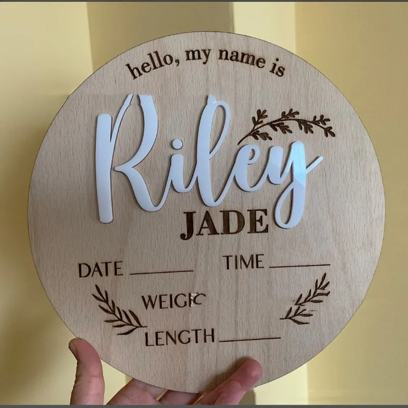 15cm square wooden birth information plaque showing baby's surname, birth date, weight and height details
