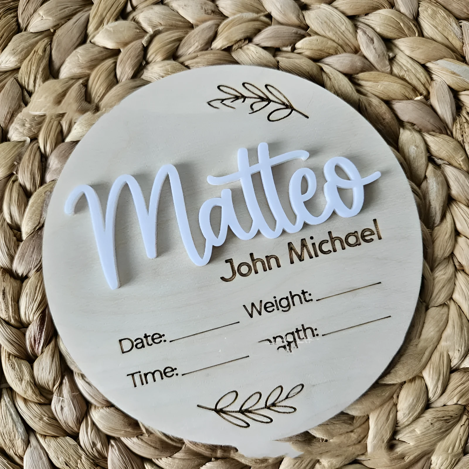 15cm square wooden birth information plaque showing baby's surname, birth date, weight and height details