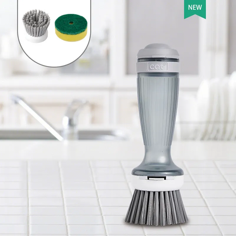 Pot and dish brush with integrated soap dispenser and replaceable brush head in mint green