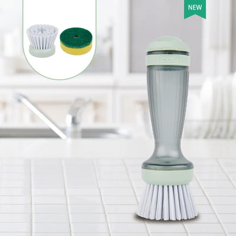 Pot and dish brush with integrated soap dispenser and replaceable brush head in mint green
