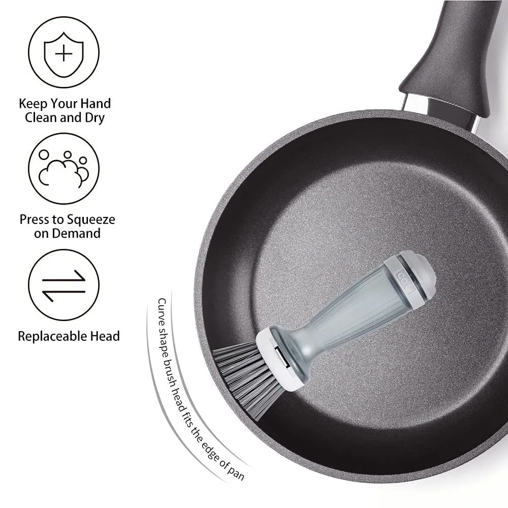 Pot and dish brush with integrated soap dispenser and replaceable brush head in mint green