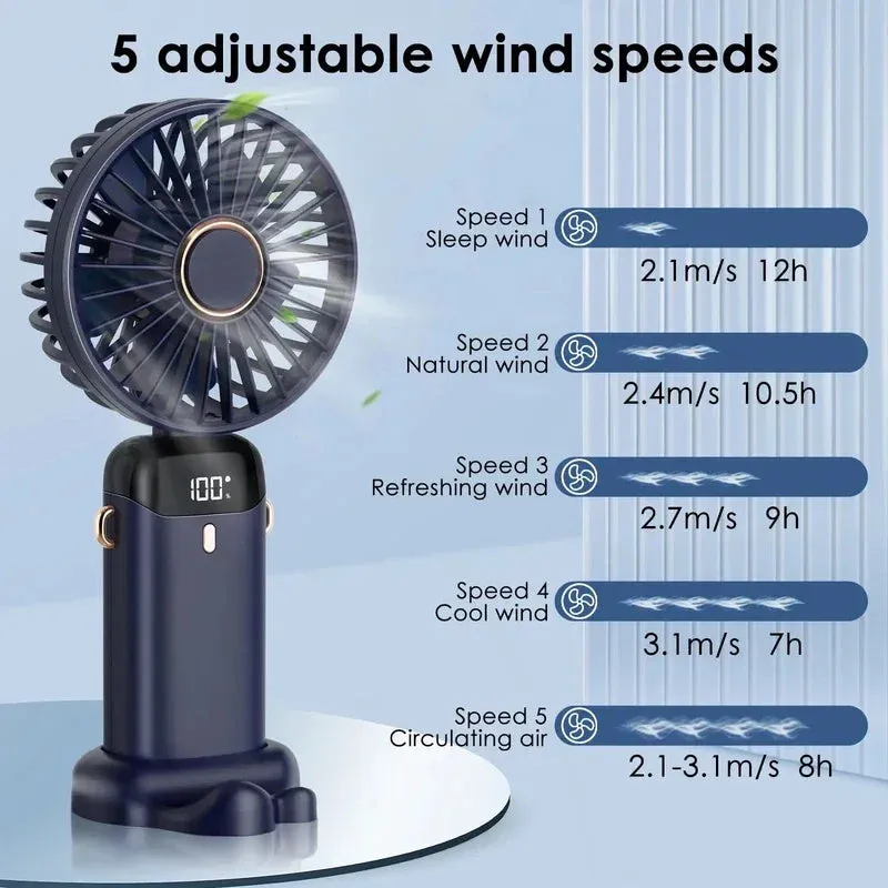 Blue portable handheld electric fan showing foldable design, LED display, and included neck lanyard