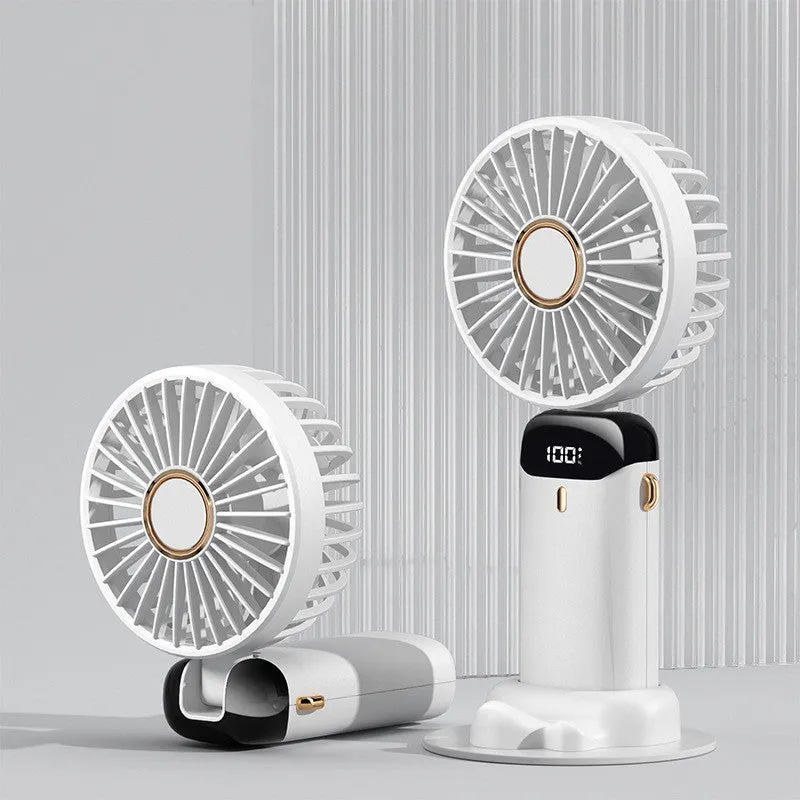 Blue portable handheld electric fan showing foldable design, LED display, and included neck lanyard