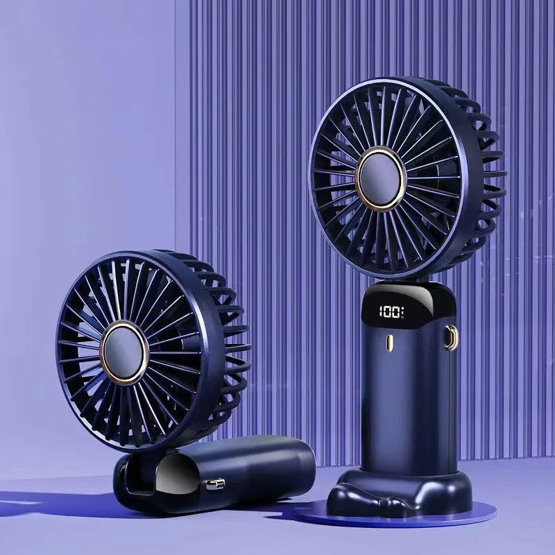 Blue portable handheld electric fan showing foldable design, LED display, and included neck lanyard