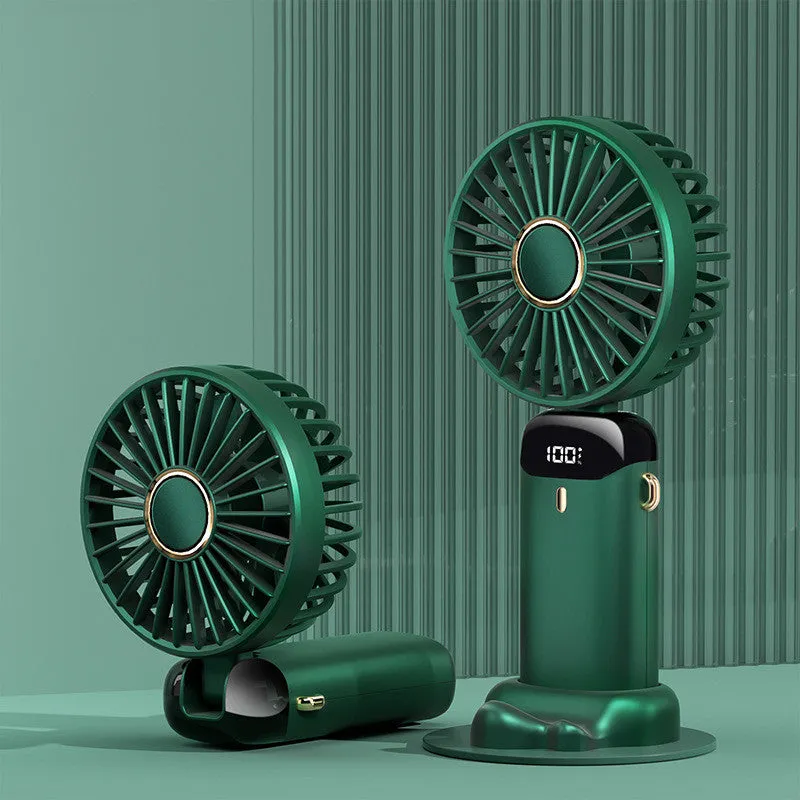 Blue portable handheld electric fan showing foldable design, LED display, and included neck lanyard
