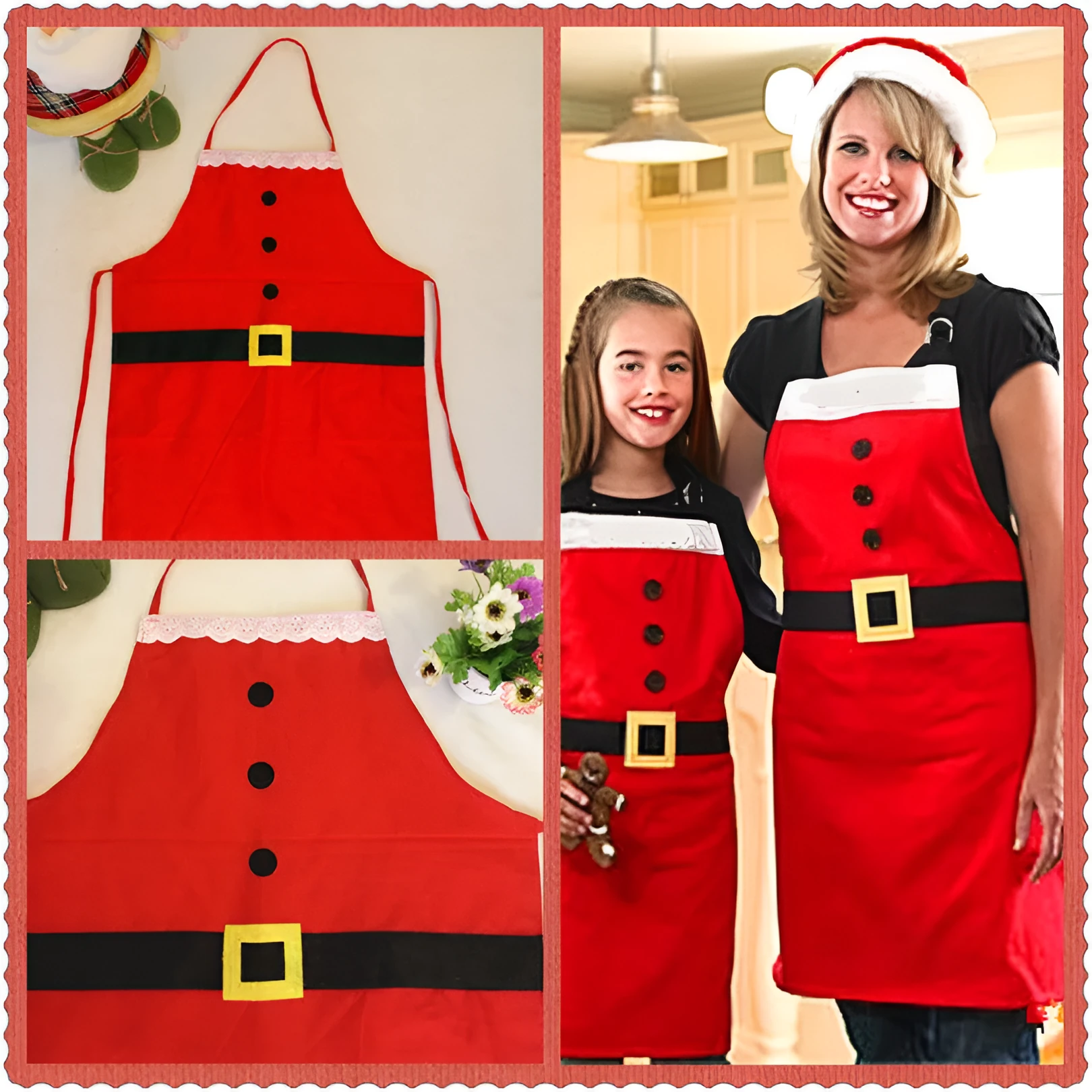 Red Christmas apron for adults and children with long straps for kitchen use