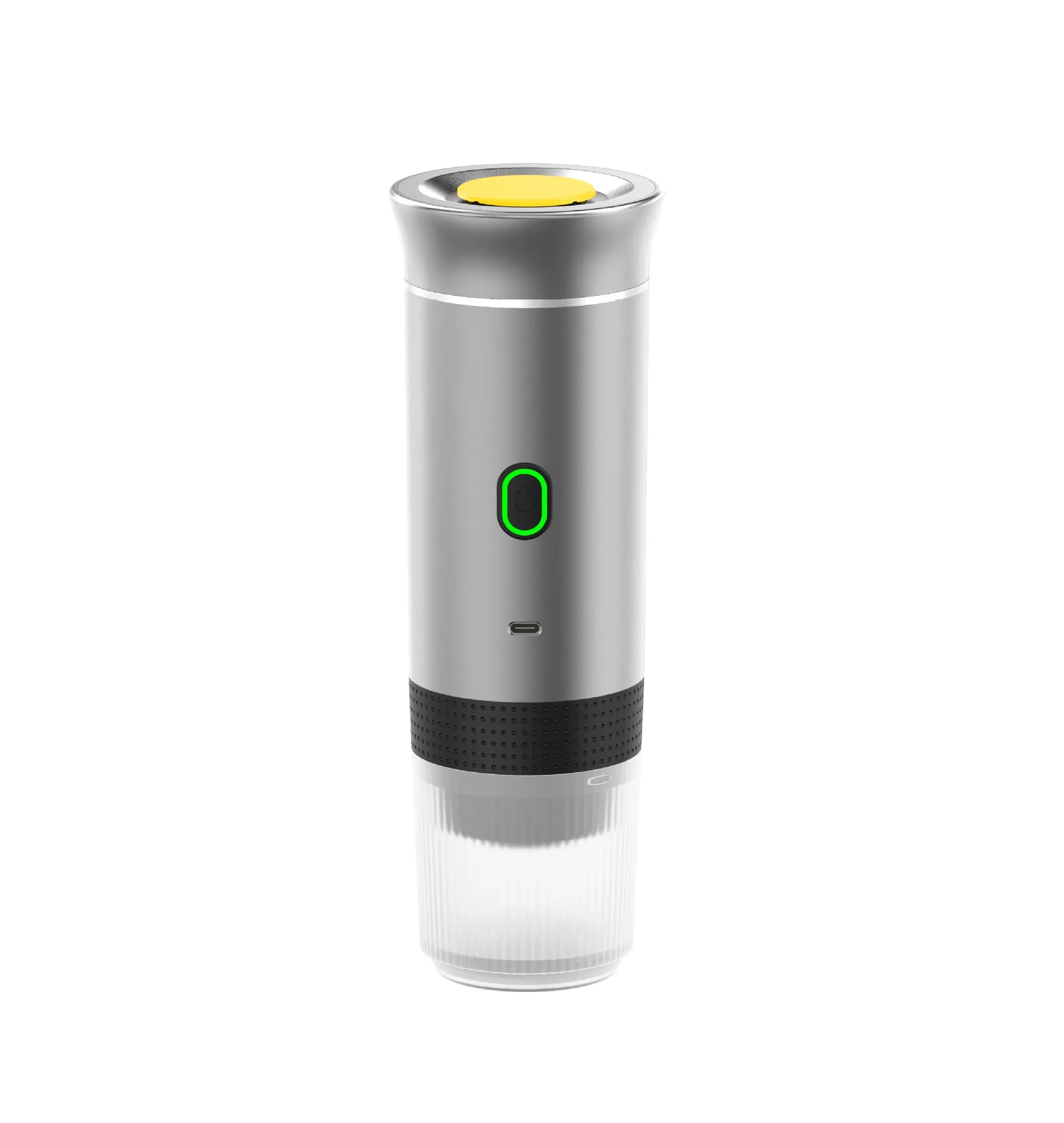Portable 3-in-1 espresso coffee maker in silver colour with USB cable