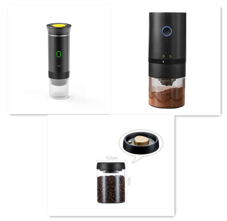 Portable 3-in-1 espresso coffee maker in silver colour with USB cable