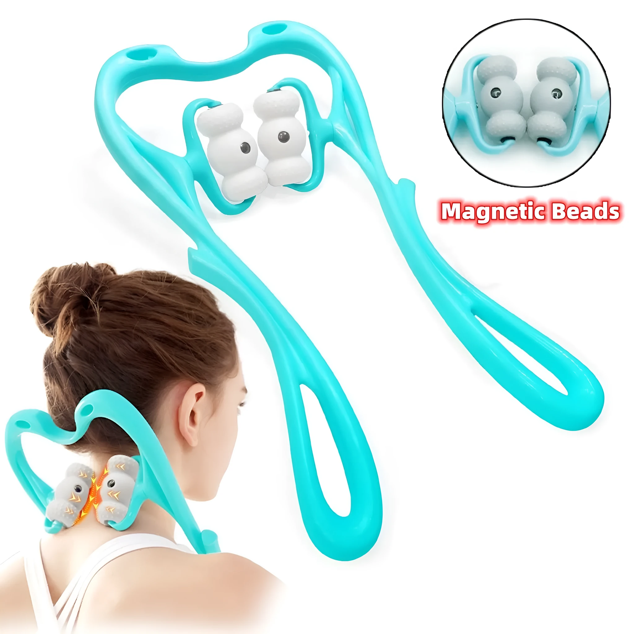 Blue handheld deep tissue neck massager with 360-degree roller and acupressure nodes on a white background.