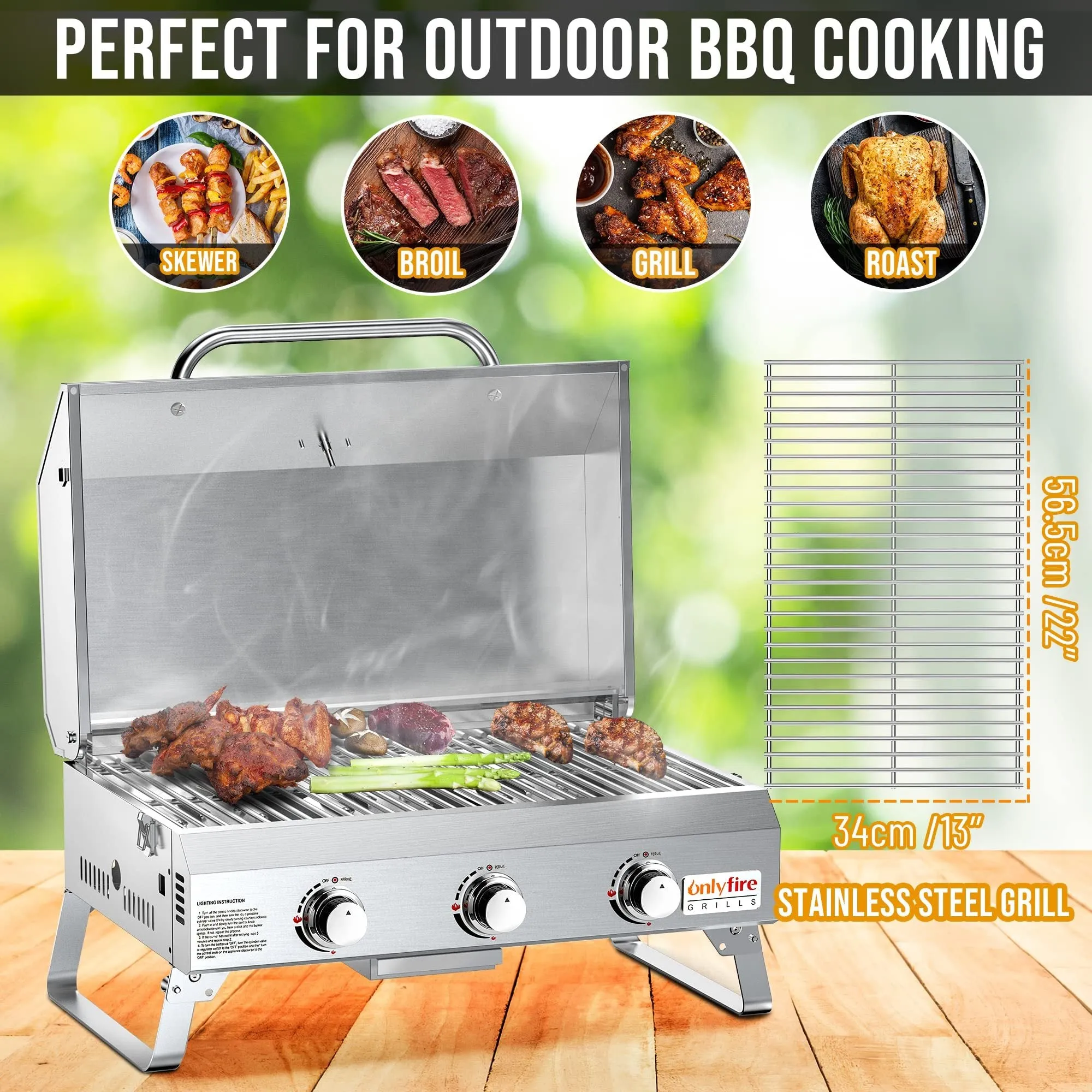 Silver stainless steel desktop gas barbecue grill with three burners and foldable legs.