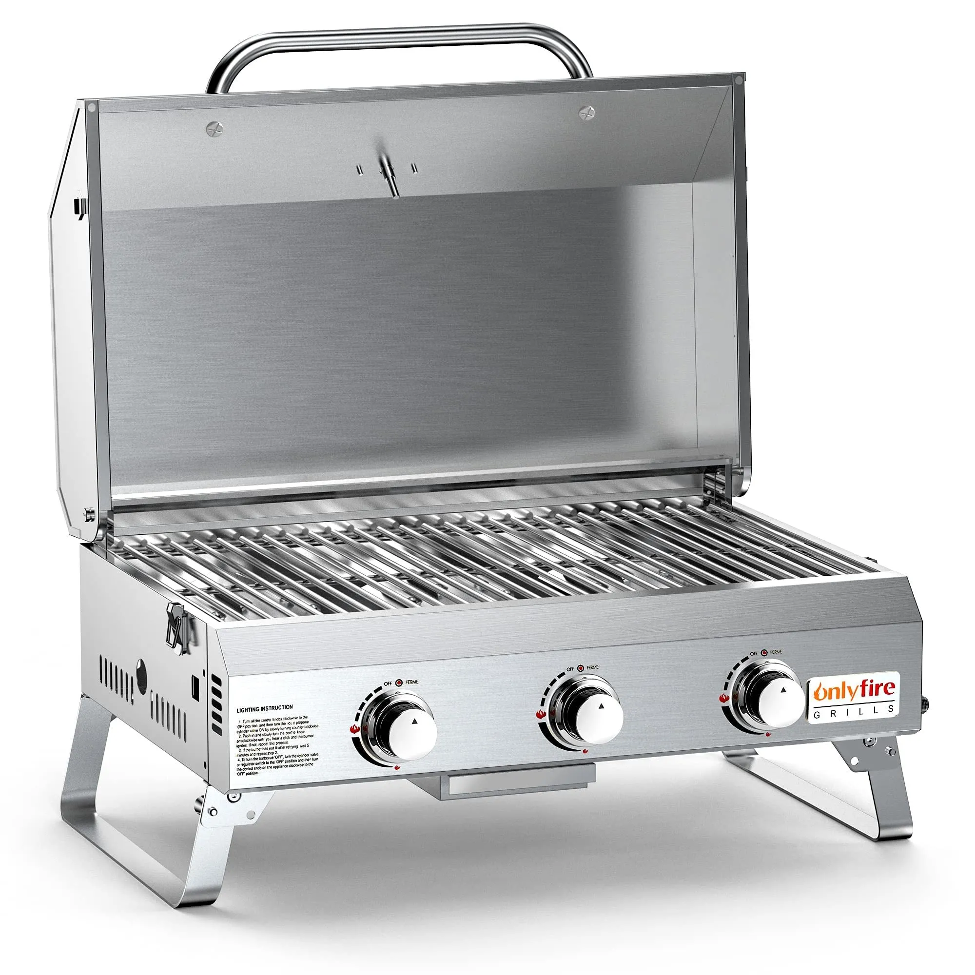 Silver stainless steel desktop gas barbecue grill with three burners and foldable legs.