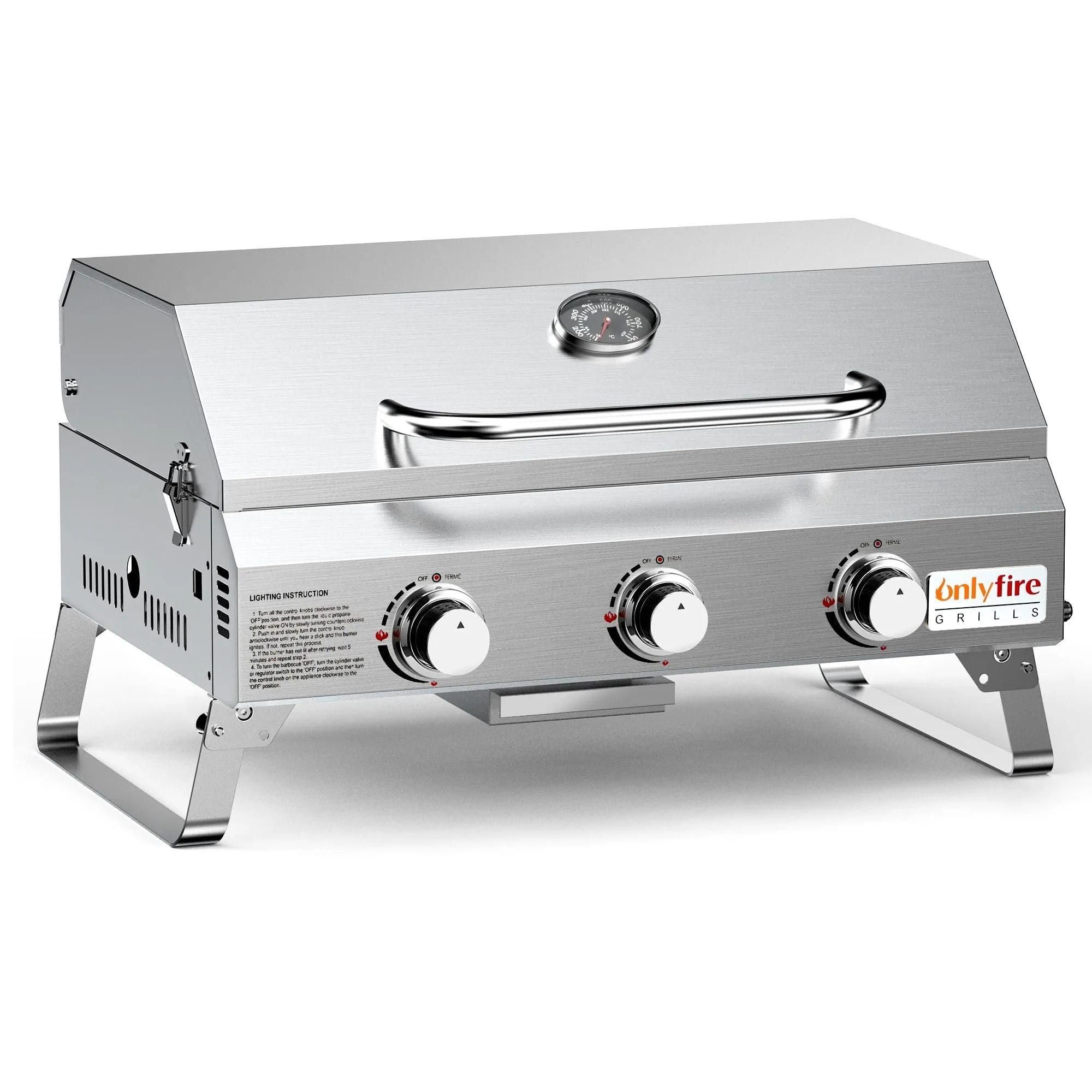 Silver stainless steel desktop gas barbecue grill with three burners and foldable legs.