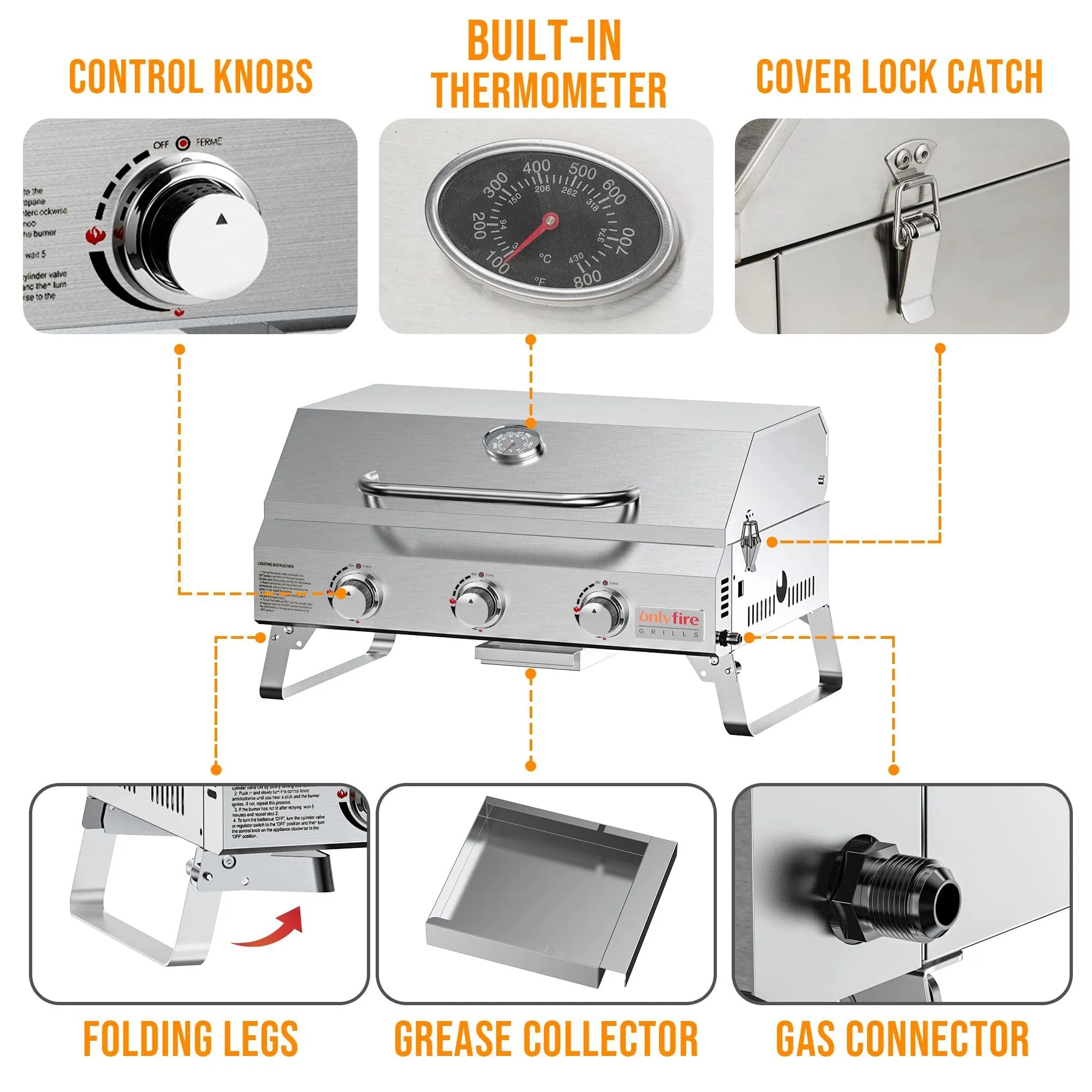 Silver stainless steel desktop gas barbecue grill with three burners and foldable legs.