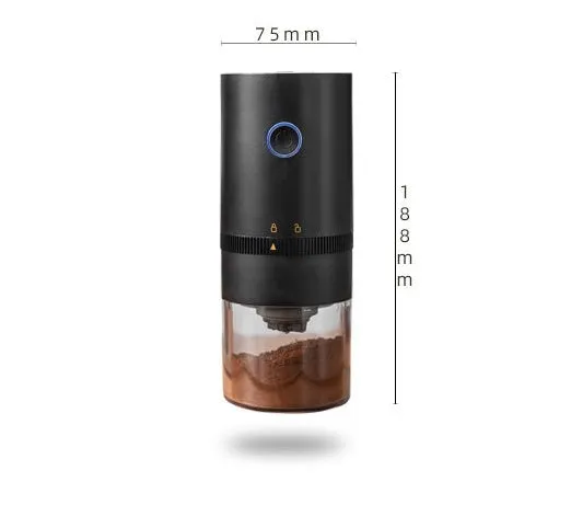 Black and white portable USB-C electric coffee grinder with transparent chamber on a kitchen counter