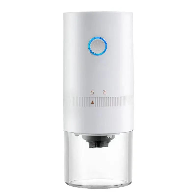 Black and white portable USB-C electric coffee grinder with transparent chamber on a kitchen counter