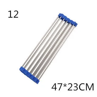 Folding stainless steel kitchen sink drain rack in red colour with multiple drainage tubes