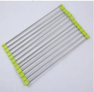 Folding stainless steel kitchen sink drain rack in red colour with multiple drainage tubes