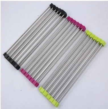 Folding stainless steel kitchen sink drain rack in red colour with multiple drainage tubes