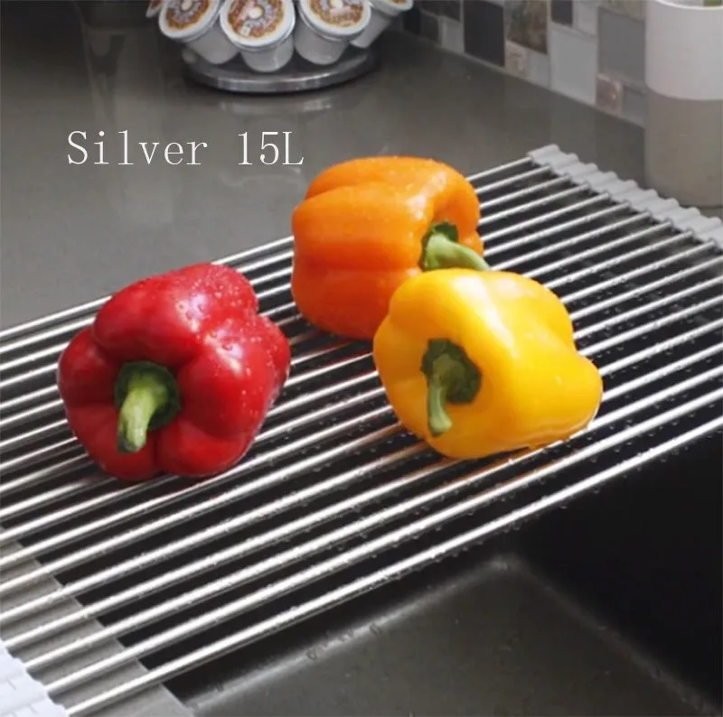 Folding stainless steel kitchen sink drain rack in red colour with multiple drainage tubes