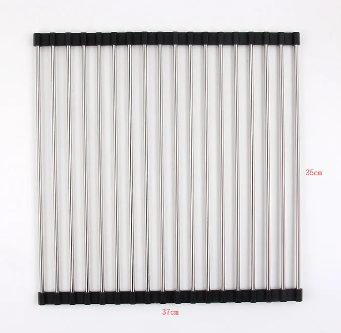 Folding stainless steel kitchen sink drain rack in red colour with multiple drainage tubes