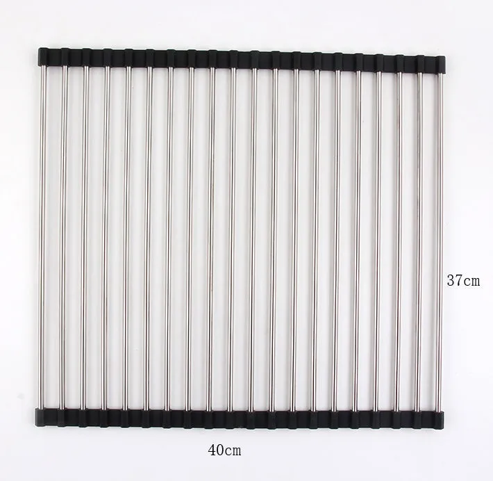 Folding stainless steel kitchen sink drain rack in red colour with multiple drainage tubes