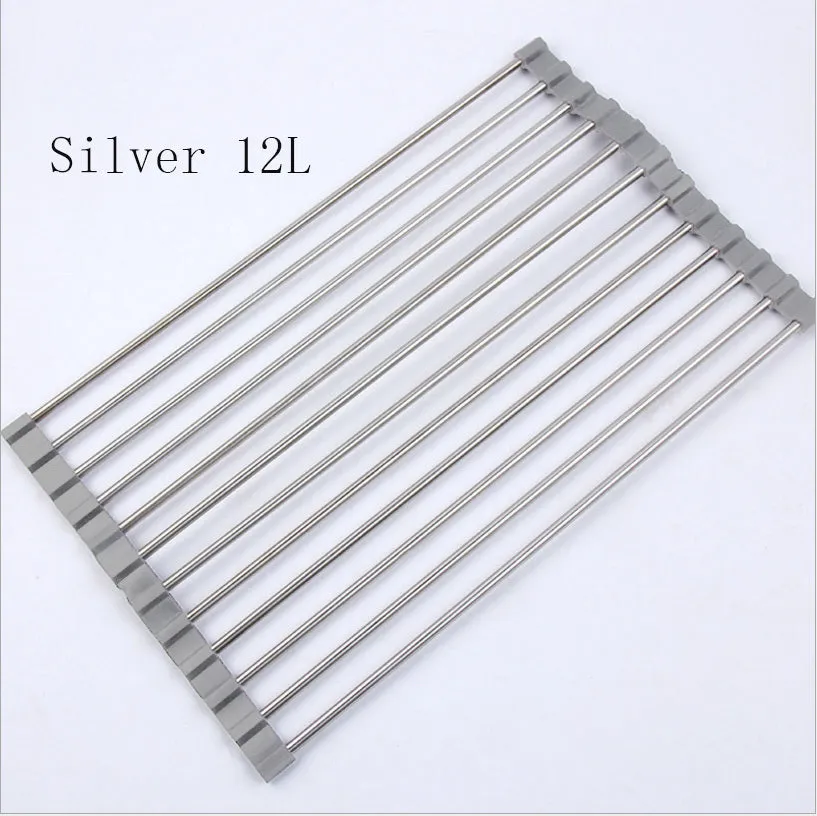 Folding stainless steel kitchen sink drain rack in red colour with multiple drainage tubes