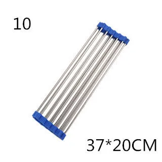 Folding stainless steel kitchen sink drain rack in red colour with multiple drainage tubes