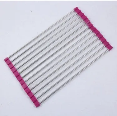 Folding stainless steel kitchen sink drain rack in red colour with multiple drainage tubes