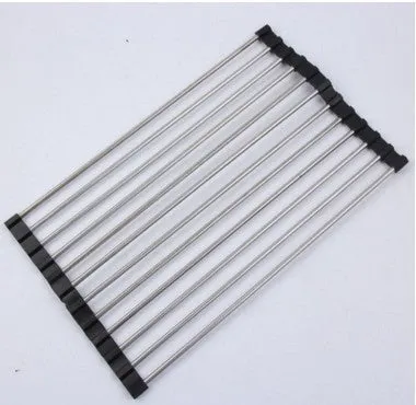 Folding stainless steel kitchen sink drain rack in red colour with multiple drainage tubes