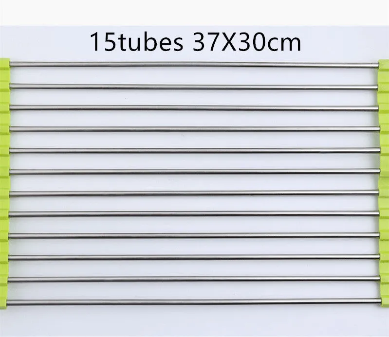 Folding stainless steel kitchen sink drain rack in red colour with multiple drainage tubes