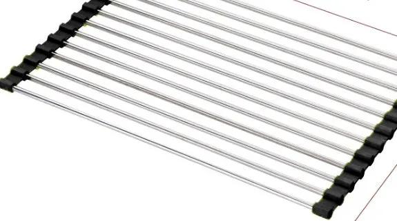 Folding stainless steel kitchen sink drain rack in red colour with multiple drainage tubes