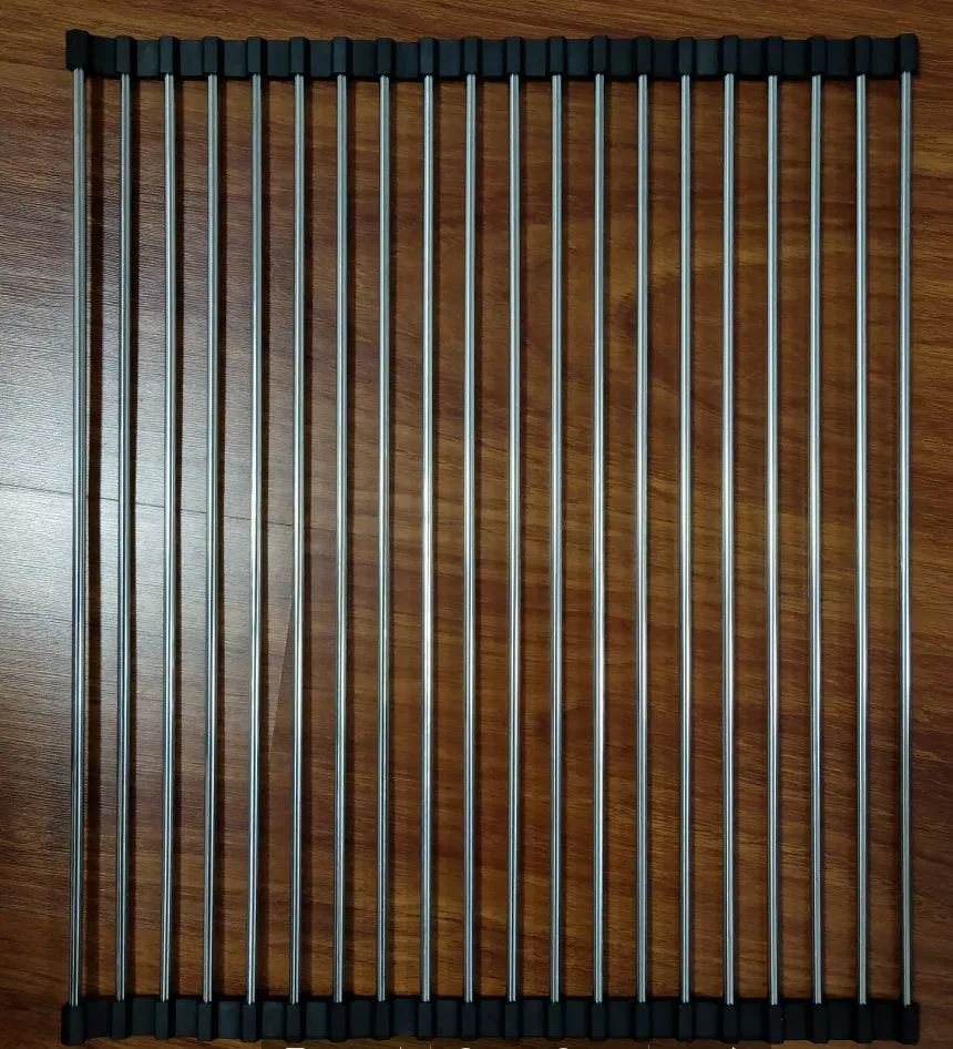 Folding stainless steel kitchen sink drain rack in red colour with multiple drainage tubes