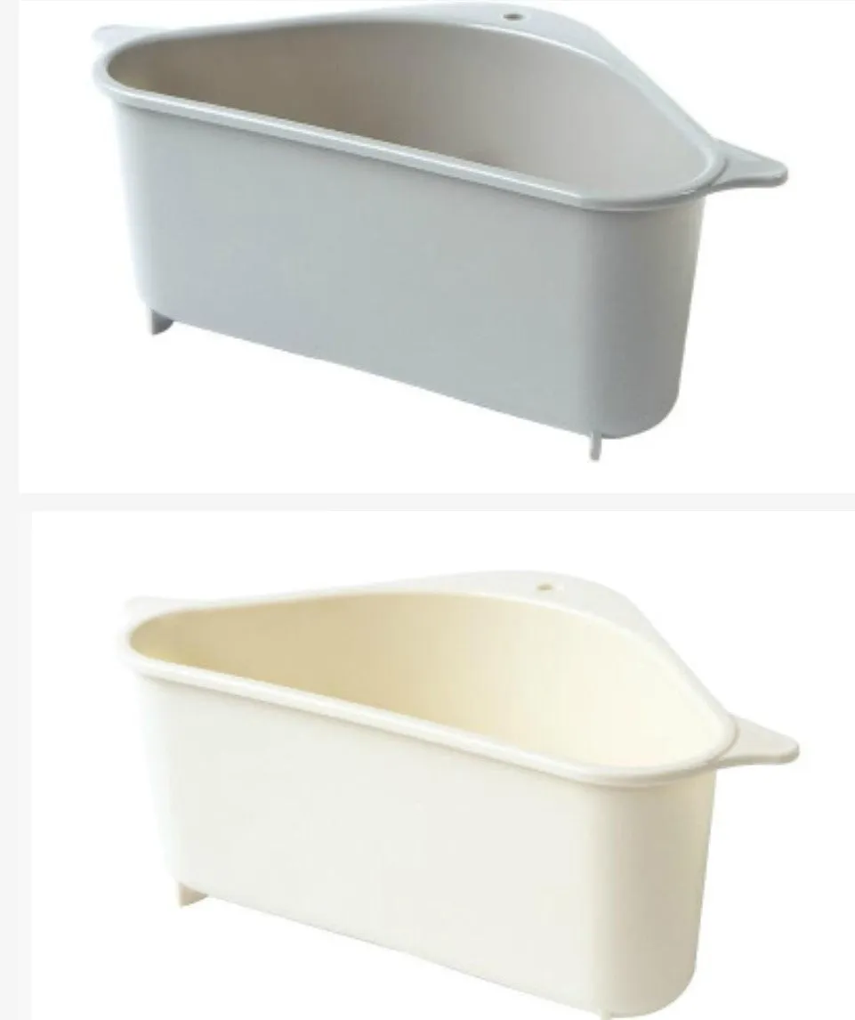 Beige and blue plastic triangle sink storage rack with suction cups holding a sponge