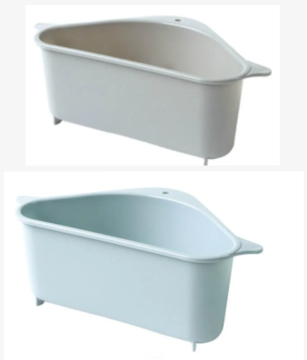 Beige and blue plastic triangle sink storage rack with suction cups holding a sponge