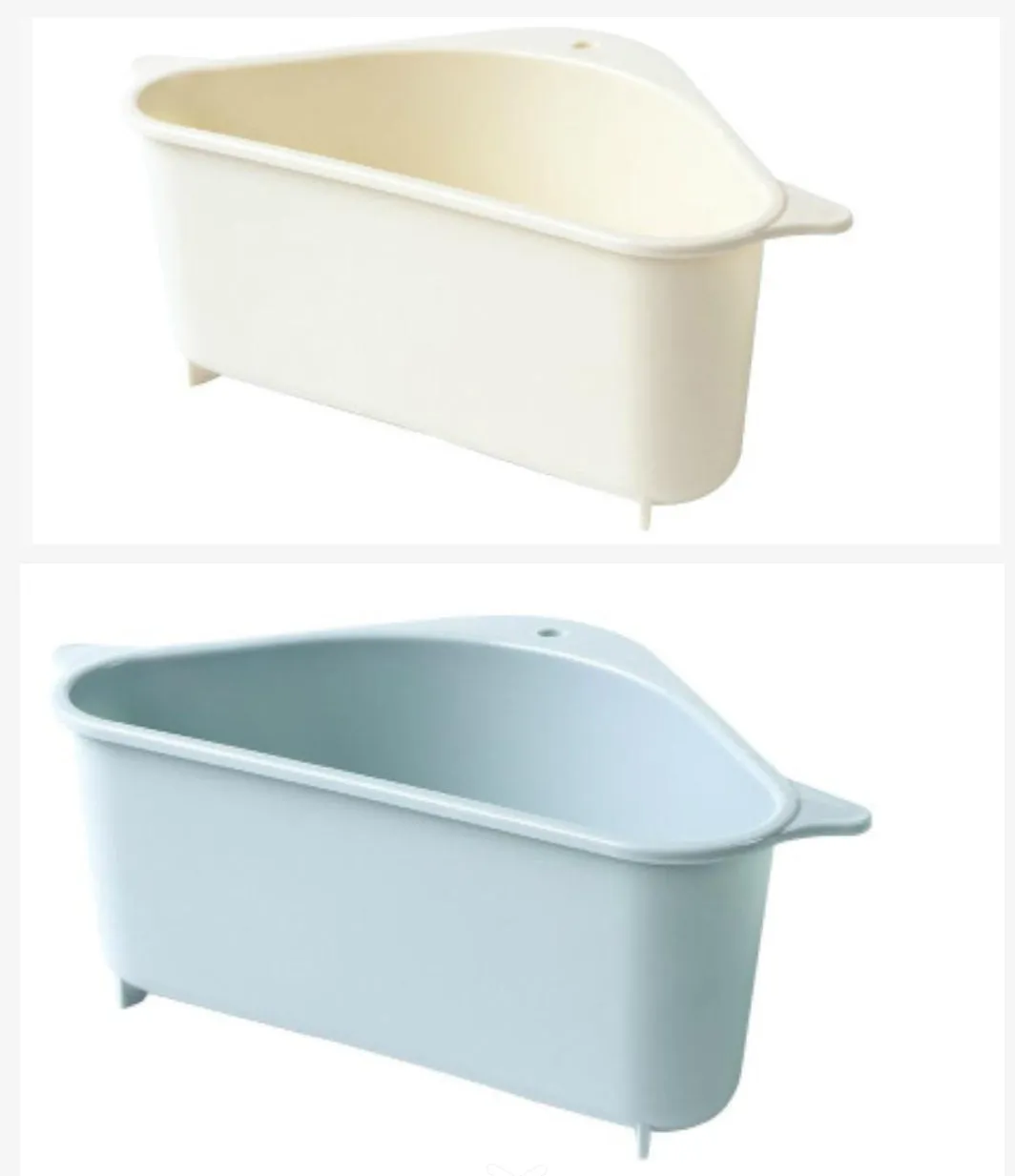 Beige and blue plastic triangle sink storage rack with suction cups holding a sponge