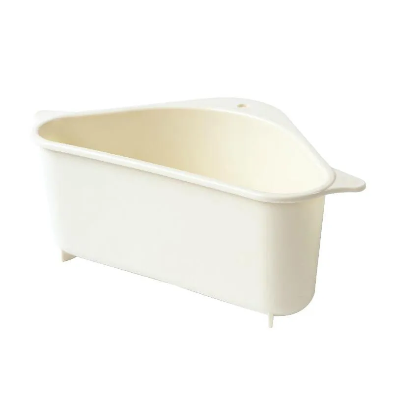 Beige and blue plastic triangle sink storage rack with suction cups holding a sponge